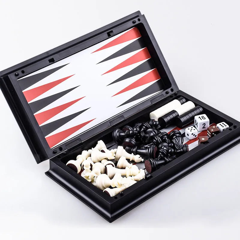 Three-in-one magnetic chess checkers backgammon set with plastic board, ABS pieces, and colour box packaging