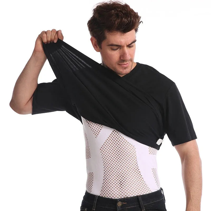 Men's solid white spandex mesh top with sweat-wicking function, shown in sizes L to XXXL