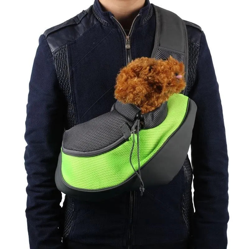Polyester pet backpack carrier in blue colour showing structured design with ventilation and carrying straps