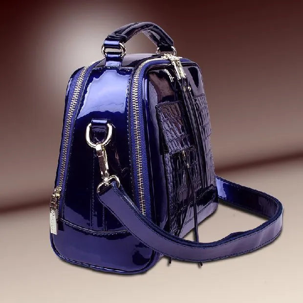 PU leather shell crossbody shoulder bag, 22cm high, 26cm wide, 13cm deep, in black, blue, purple, rose red, wine red or yellow