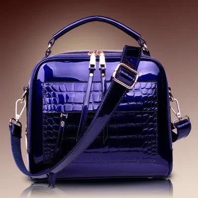 PU leather shell crossbody shoulder bag, 22cm high, 26cm wide, 13cm deep, in black, blue, purple, rose red, wine red or yellow