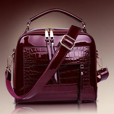 PU leather shell crossbody shoulder bag, 22cm high, 26cm wide, 13cm deep, in black, blue, purple, rose red, wine red or yellow