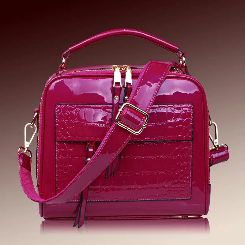 PU leather shell crossbody shoulder bag, 22cm high, 26cm wide, 13cm deep, in black, blue, purple, rose red, wine red or yellow