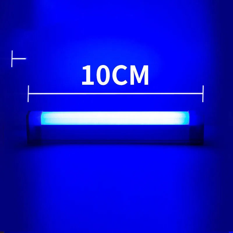 Blue and purple rechargeable LED tube light with dimmable switch in 17cm, 32cm, and 52cm sizes.