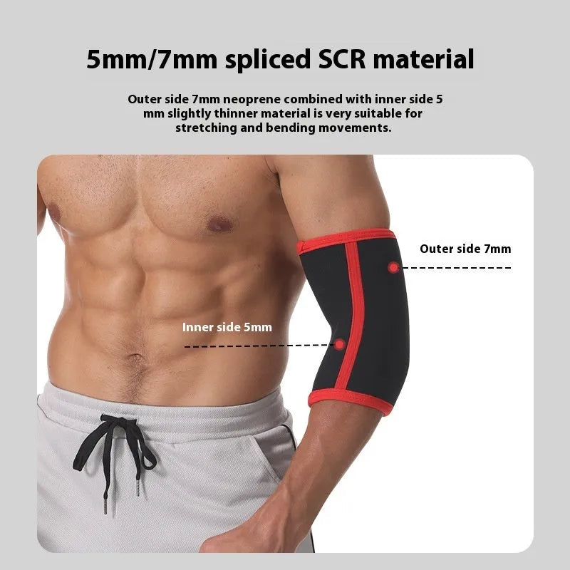 Black neoprene elbow pad for weightlifting and strength training, 7mm 5mm thickness, adult size S to XL