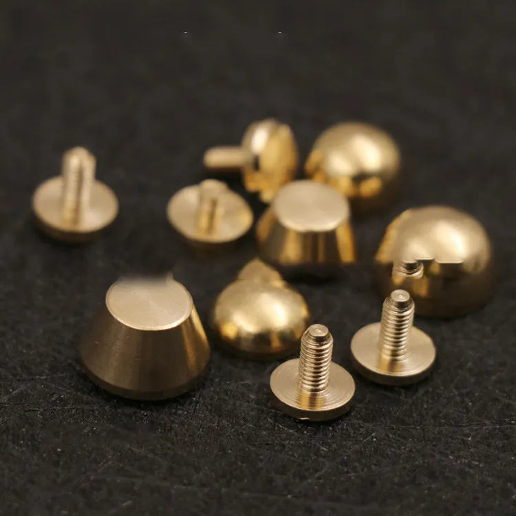 Brass decorative buckle foot nails in round and bucket styles measuring 10x6mm and 12x7mm