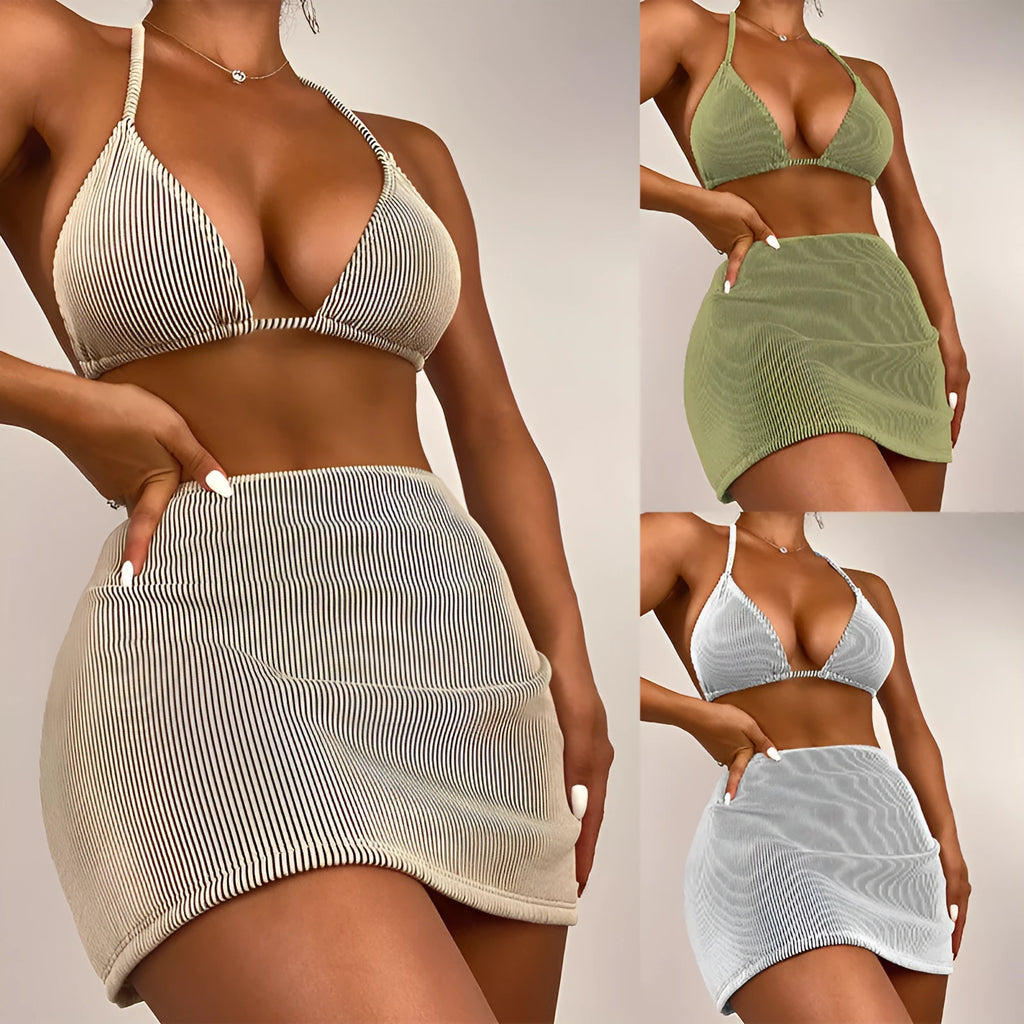 Three-piece bikini swimsuit set in small rib polyester fabric for swimming activities