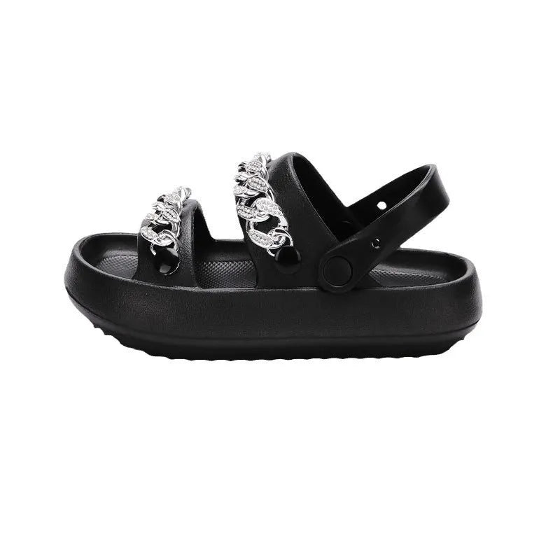 Women's thick-soled EVA slippers with buckle fastening and round toe, in black or beige, for indoor and outdoor wear.