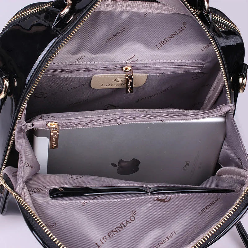 PU leather shell crossbody shoulder bag, 22cm high, 26cm wide, 13cm deep, in black, blue, purple, rose red, wine red or yellow