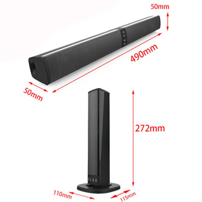 Black foldable split Bluetooth speaker showing USB port and buttons, length 490mm.