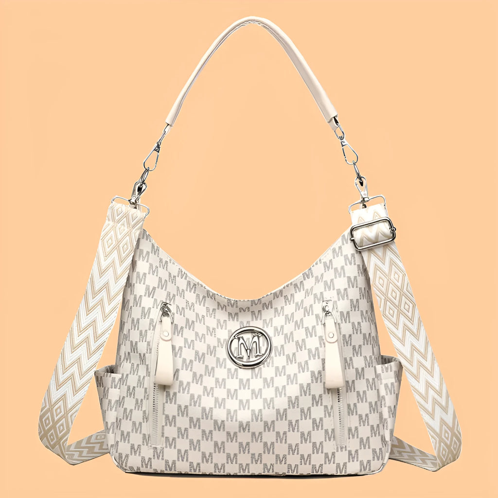 Retro printed shoulder messenger bag with double straps and sandwich pocket in milky white colour