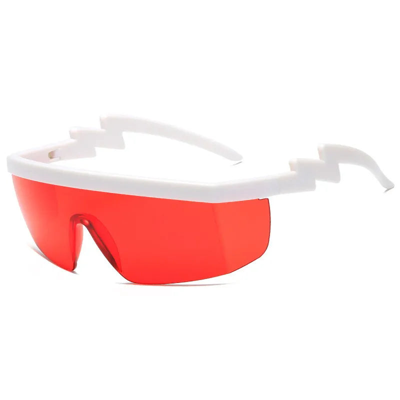 One-piece sports sunglasses with lightning leg temple design in black frame with blue polycarbonate lenses