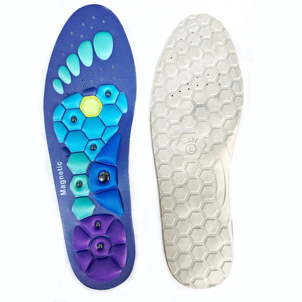 Breathable EVA health care insoles for men and women in black, blue, and red, sizes S, M, L