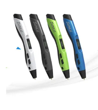 Plastic 3D printing pen in black with nozzle tip, 18cm long, on white background