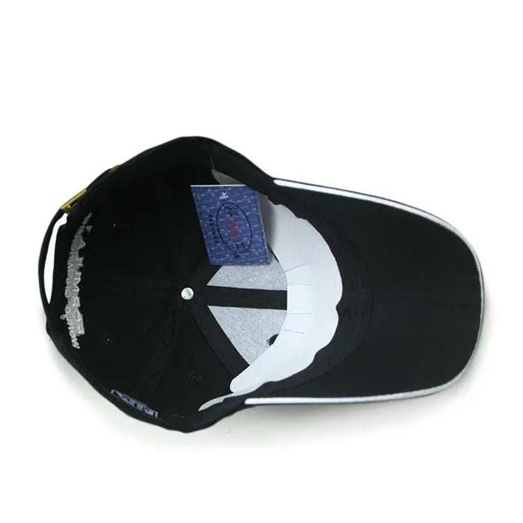 Black canvas motorcycle racing embroidery sun hat with dome top and adjustable back