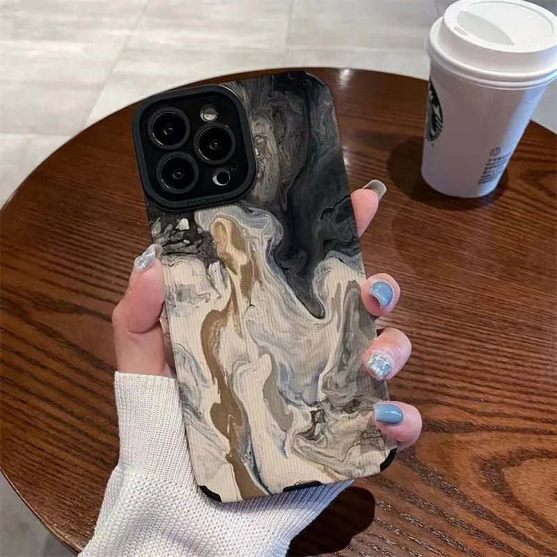 Black and white marble pattern phone case with leather texture for Apple iPhone, slim protective cover