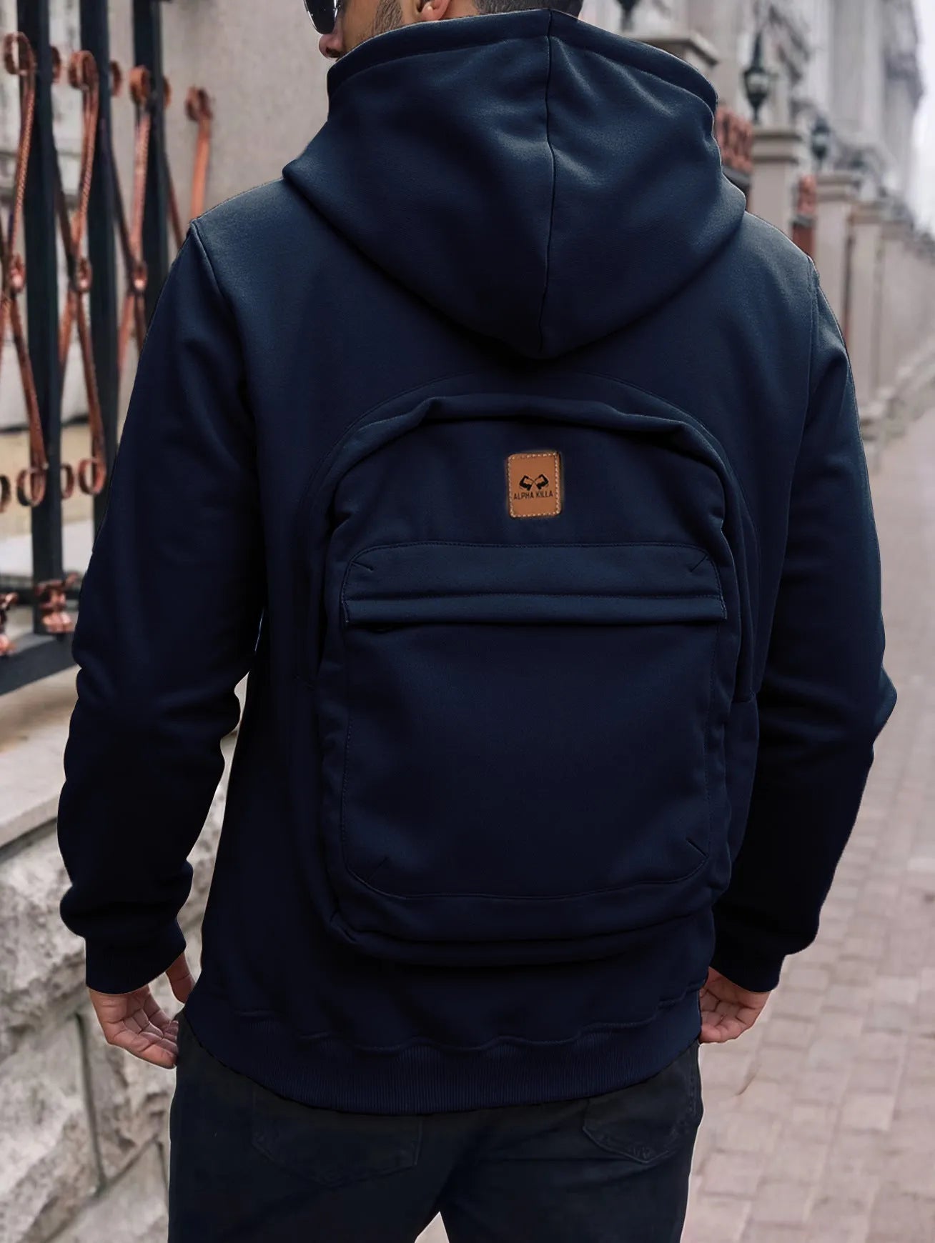 Casual loose-fitting hoodie cardigan back schoolbag sweater for men in light gray with stick pocket