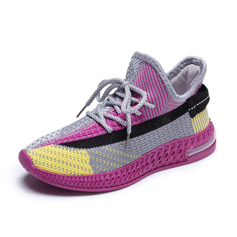 Women's purple casual lace-up running shoes with a round toe and flat plastic sole.