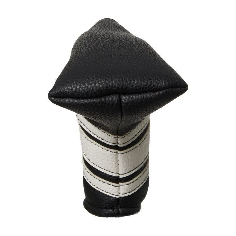 Black PU leather golf putter cover sleeve for club head protection.