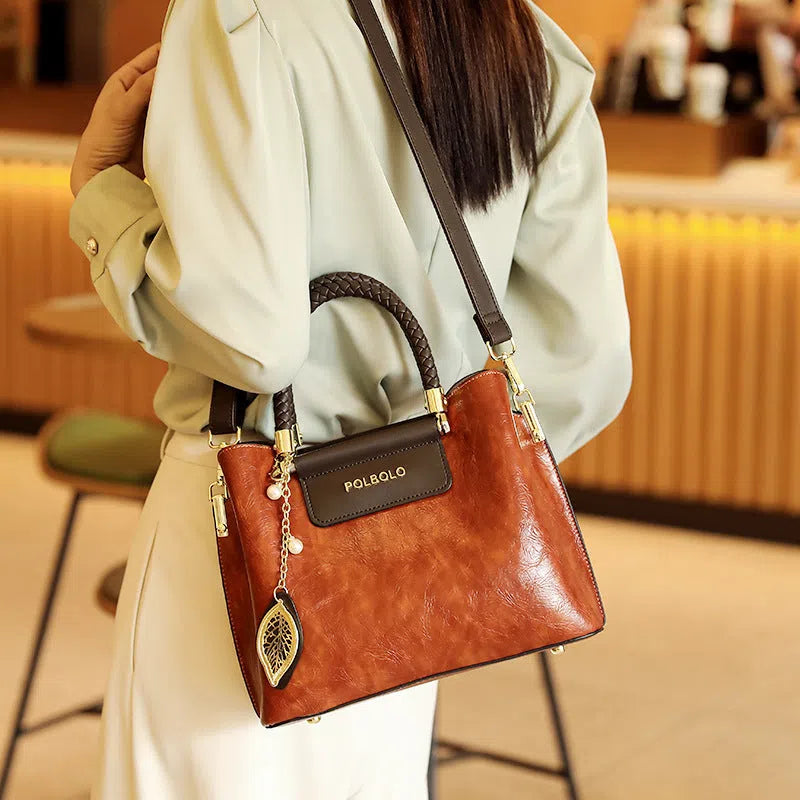 Genuine leather large-capacity tote bag for women mid-age mom style horizontal rectangular shape