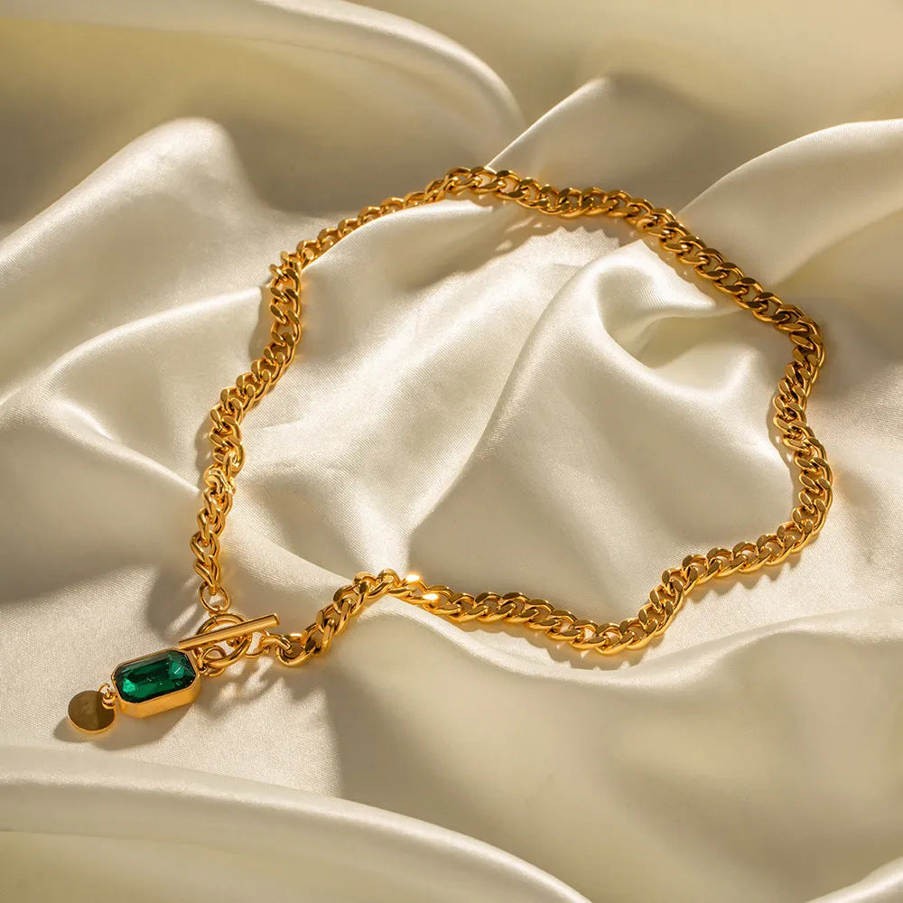 Gold electroplated titanium steel French retro pendant necklace with geometric design and emerald zircon stones