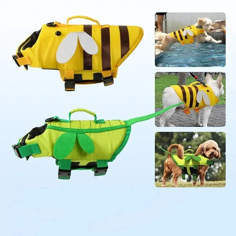 Green dog life vest with reflective strips and side-release buckles on a canine mannequin.
