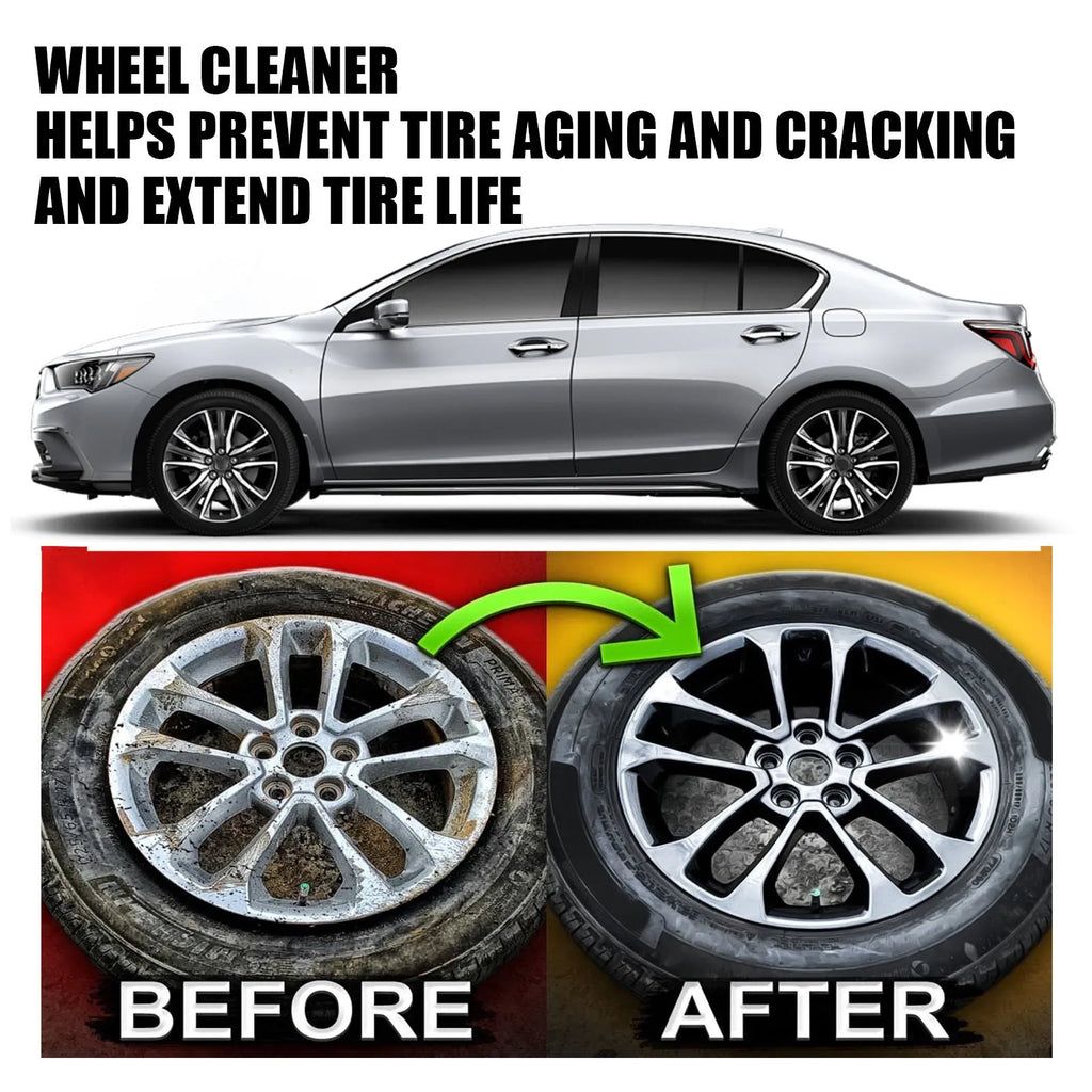 Car tyre cleaner kit with 450ml bottle and blue microfibre cloth for cleaning wheel hubs and alloys.