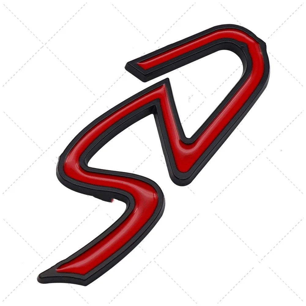 Red and silver SD design metal bumper sticker next to smaller red and black D design, showing scale.