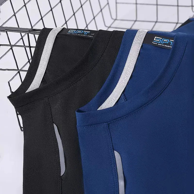 Men's black ice silk quick-dry short sleeve sports t-shirt for running