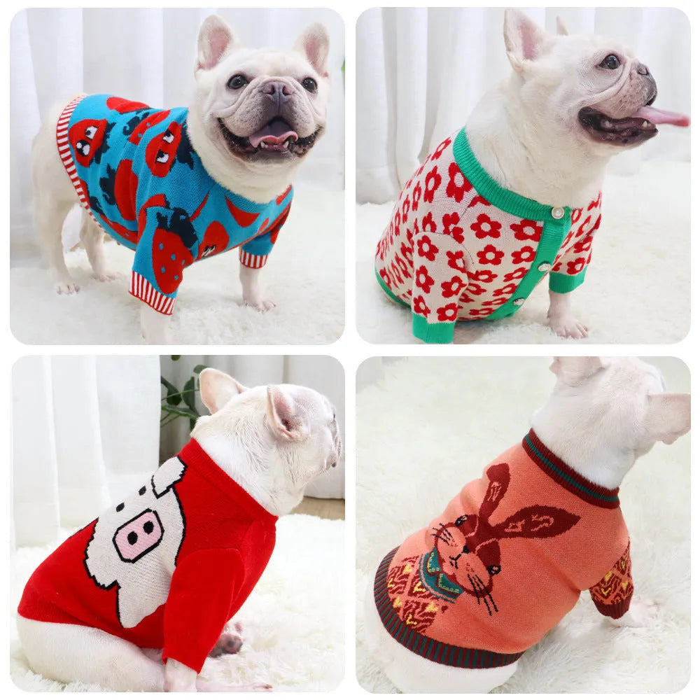 Cartoon-themed dog sweater with button fastening in wool material for autumn and winter
