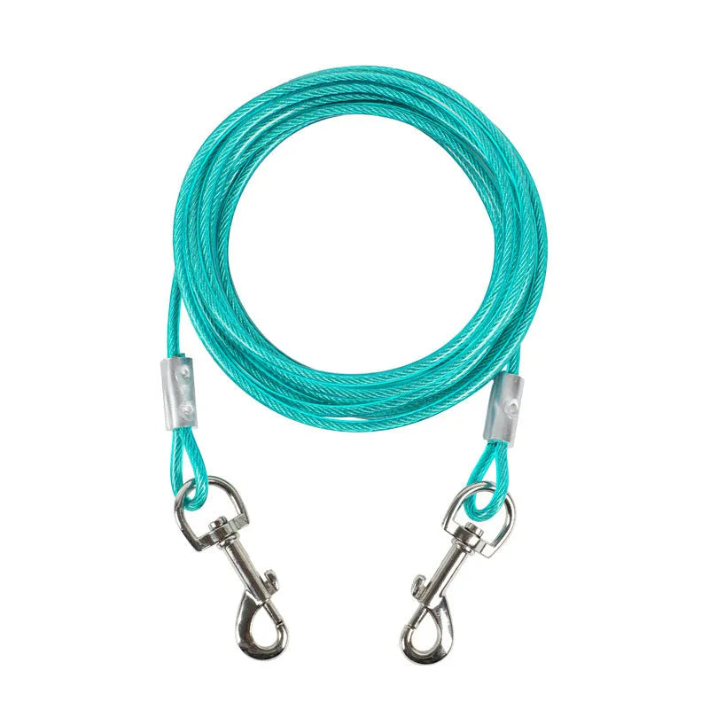 Double-headed dog leash with steel wire rope and iron chain, shown in a listed colour such as blue or black.
