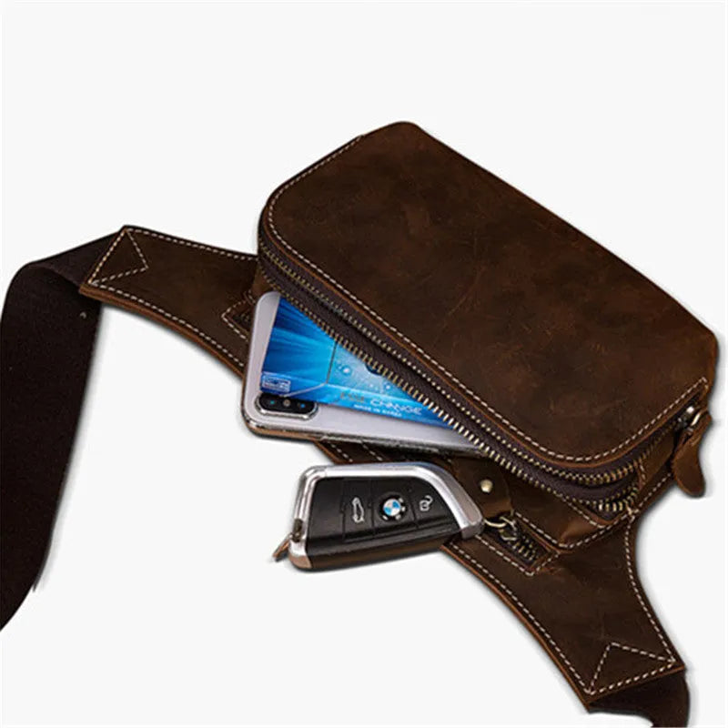 Brown cowhide leather men's sports waist bag with a pull-closure.