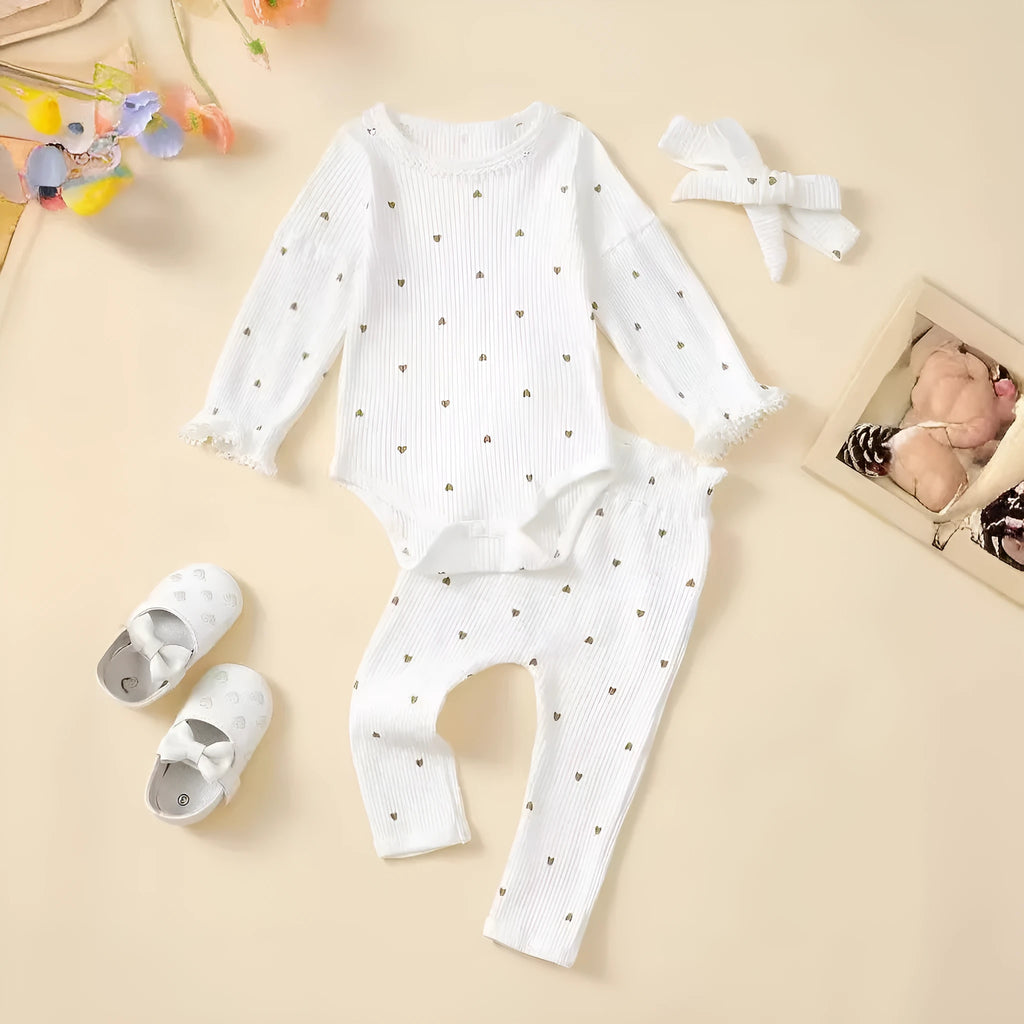 White cotton sunken stripe stitching baby suit set with top, long pants, and hair tie for 0-18 months