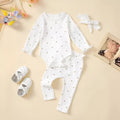 White cotton sunken stripe stitching baby suit set with top, long pants, and hair tie for 0-18 months