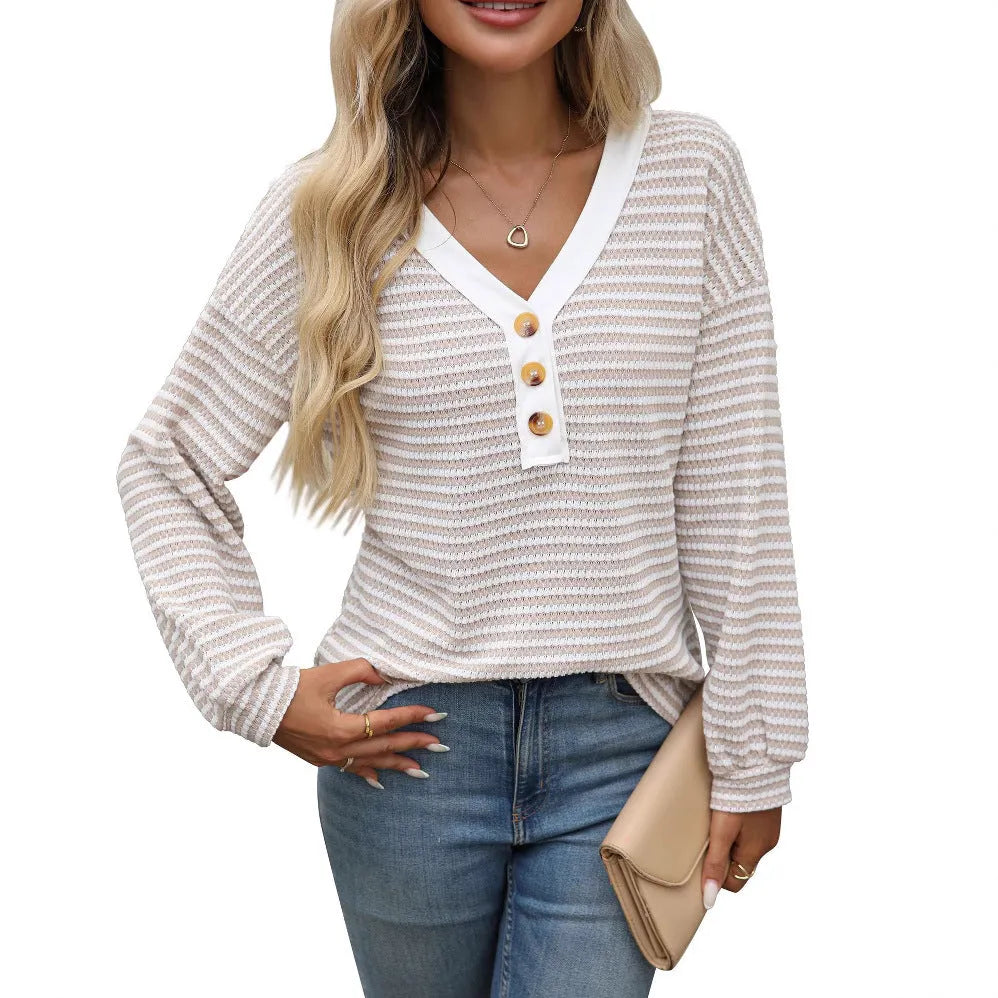 Women's V-neck patchwork casual pullover top in loose fit with long sleeves
