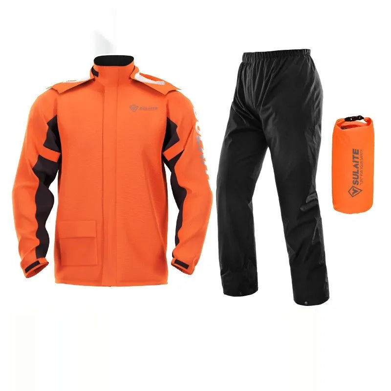 Adult motorcycle raincoat and rain pants set in black, with hidden shoe covers and storage bag.