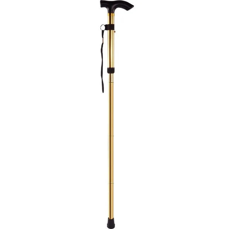 Aluminium folding walking cane extended to show adjustable shaft and textured non-slip handle.
