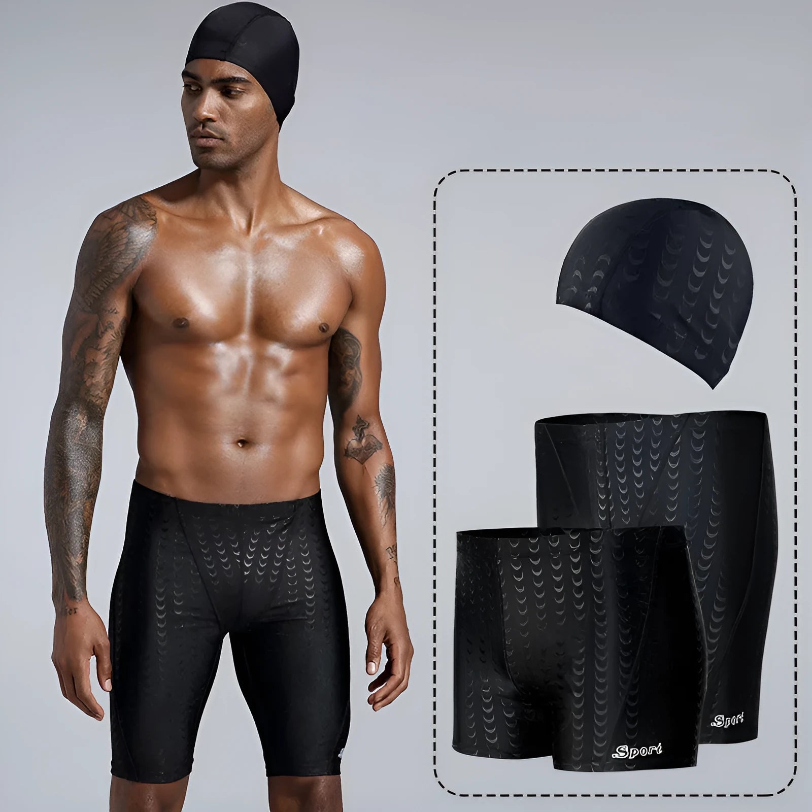 Men's solid colour polyester swimming trunks for beach surfing and swimming, shown in larger sizes.