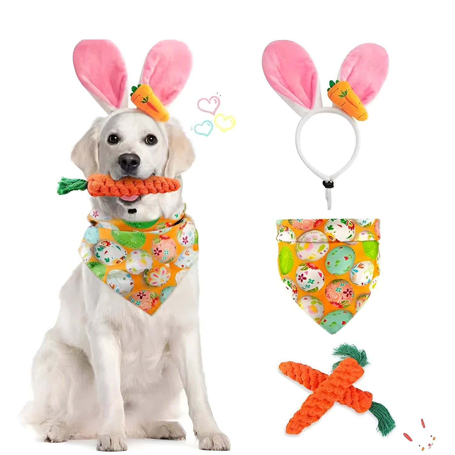 Easter pet party decor kit with two plush carrots, triangle bib, and hair hoop in multicolour polyester cotton rope