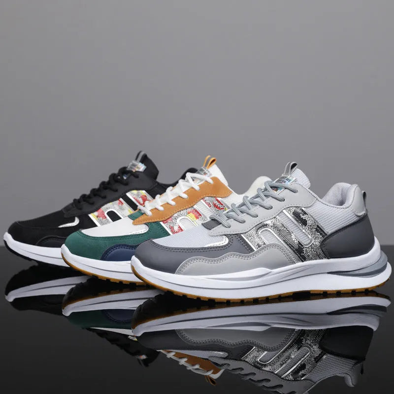 Men's white green and grey mesh casual shoes with a leather toe holder and plastic sole.