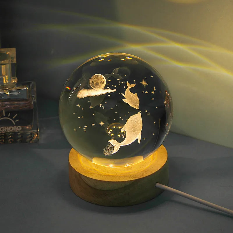 Transparent crystal ball night lamp with 3D carved jellyfish design, showing 6cm size on round base.