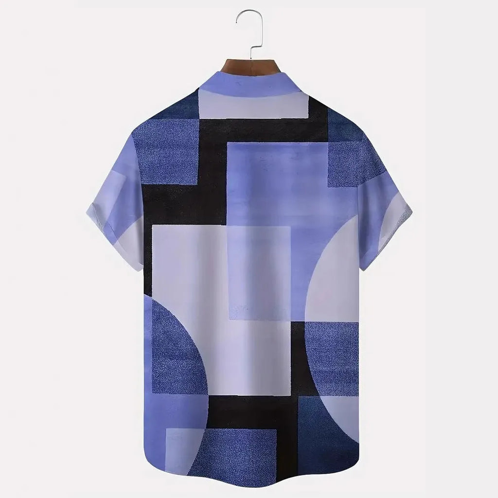 Man wearing a loose-fit geometric pattern cardigan shirt in contrasting colours, short sleeves.