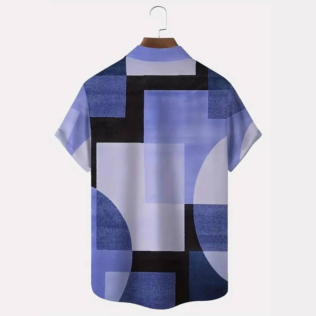 Man wearing a loose-fit geometric pattern cardigan shirt in contrasting colours, short sleeves.