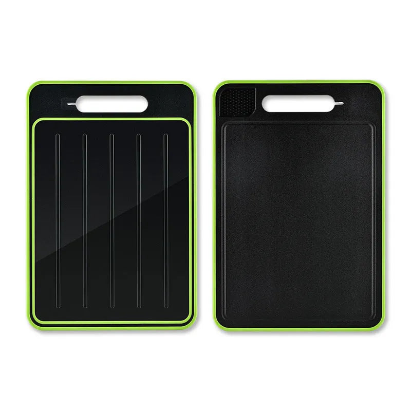 Grey square aluminium cutting board with double-sided design and integrated knife sharpener
