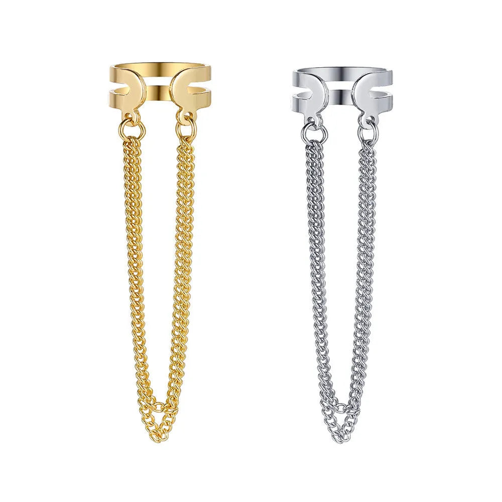Fashion double metal chain tassel earrings for women in gold colour with U-shaped copper design