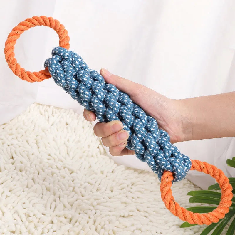 Blue double-ring braided cotton bone dog chew toy for teeth cleaning.