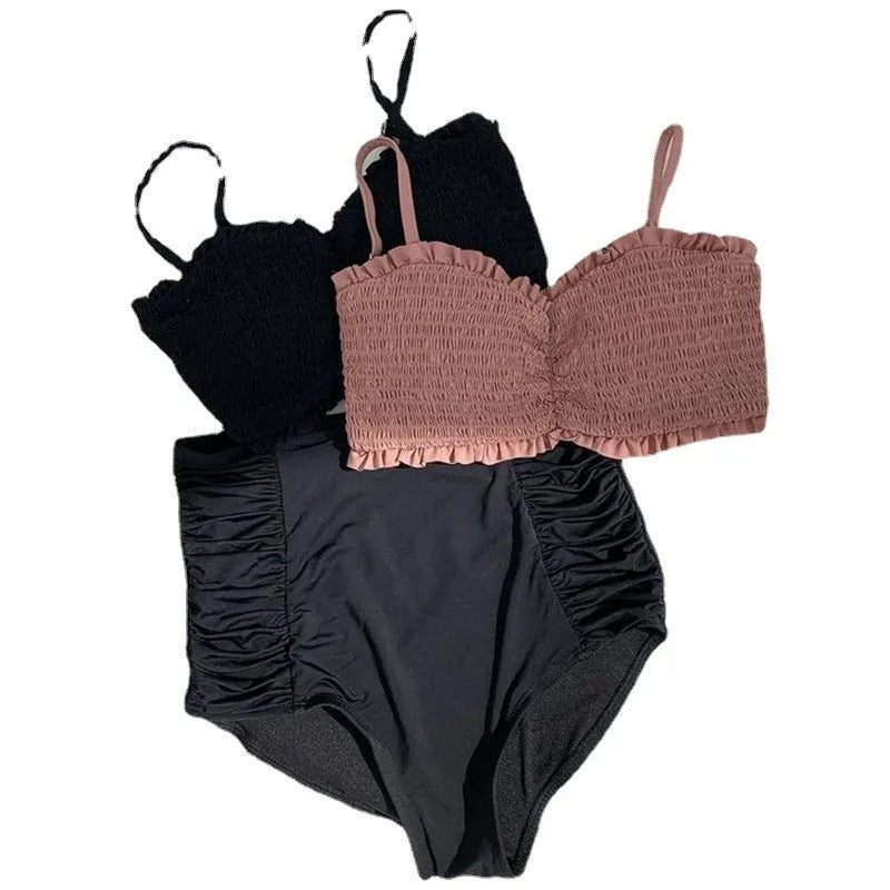 Women's retro high waist split bikini two-piece swimsuit in cameo brown colour
