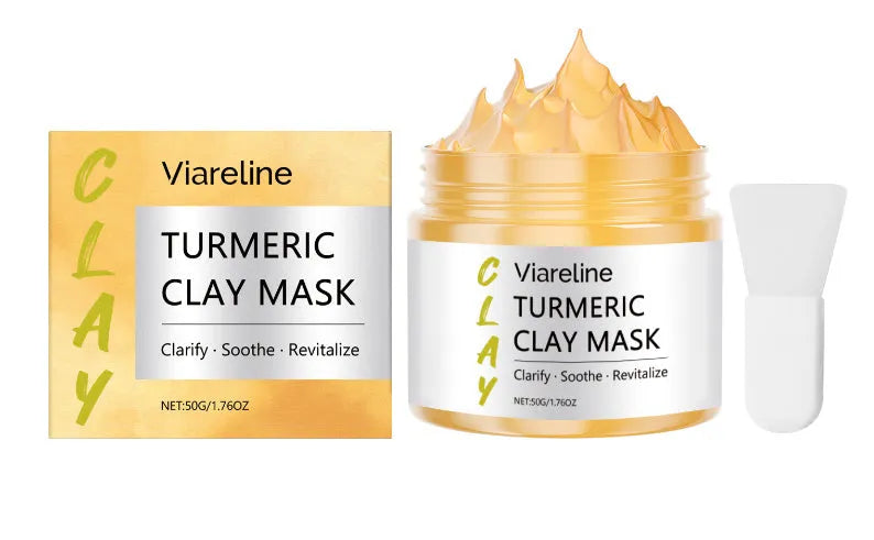 Turmeric Glossy Mud Face Mask 50g jar with a separate mask brush on a white background.