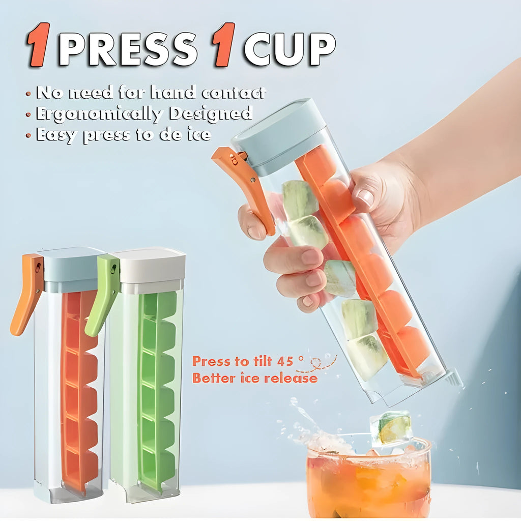 Ice cube tray with one-press release mechanism and storage box in food-grade PET plastic