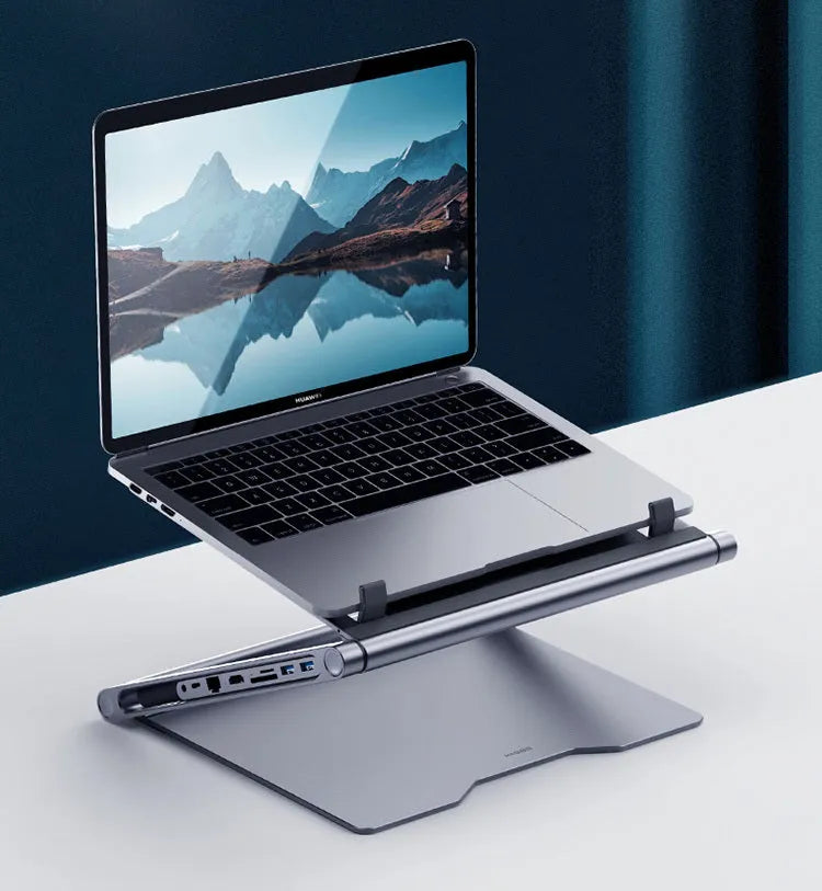 Aluminium alloy laptop stand with 8-in-1 USB-C docking station in deep space grey for notebook desk use
